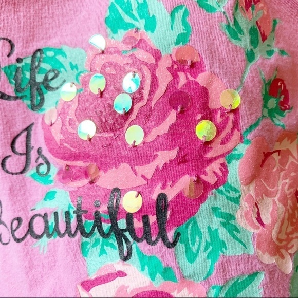 Sonoma  “Life is Beautiful “Floral Sequins Pink Tee. Size 6 - Picture 4 of 5